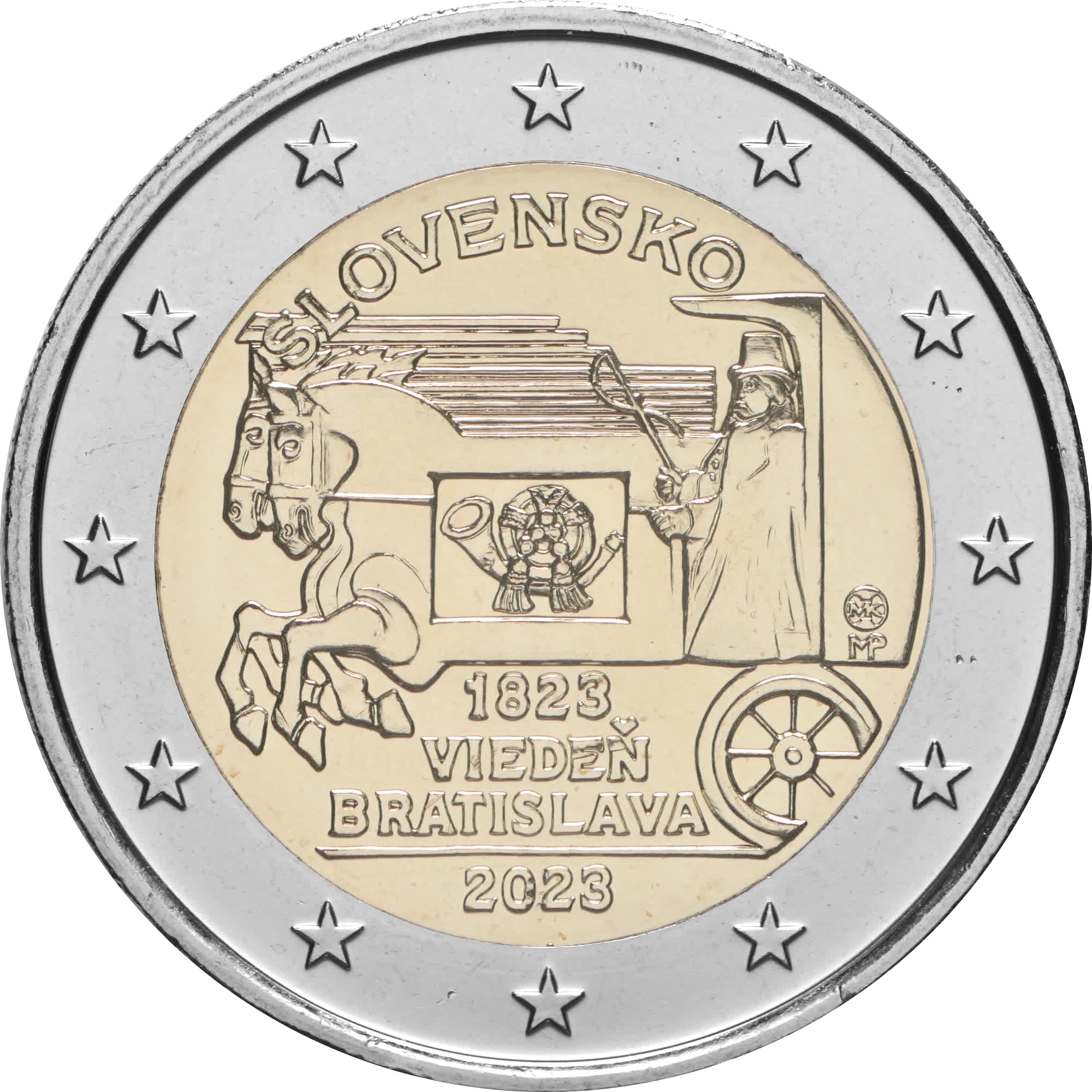 Slovacchia 2023: 2 euro 200° anniversario servizio postale Vienna-Bratislava Slovacchia 2023: 2 euro 200° anniversario servizio postale Vienna-Bratislava